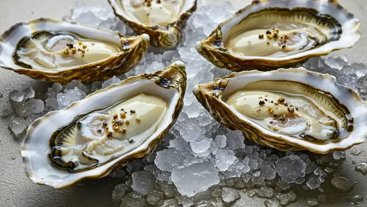 Huîtres fraîches sur lit de glace avec poivre moulu, dégustation de fruits de mer