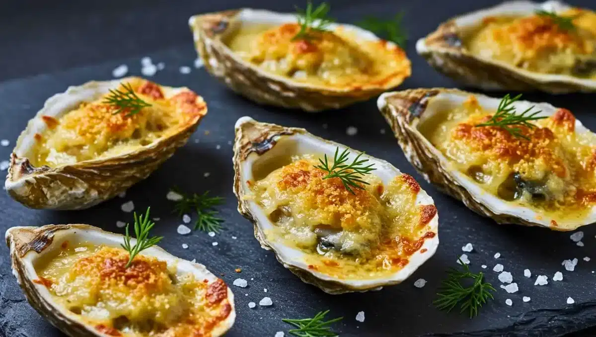 Huîtres chaudes gratinées au four avec chapelure dorée et aneth
