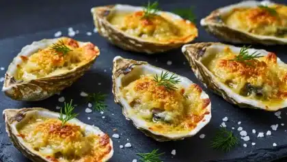 Huîtres chaudes gratinées au four avec chapelure dorée et aneth