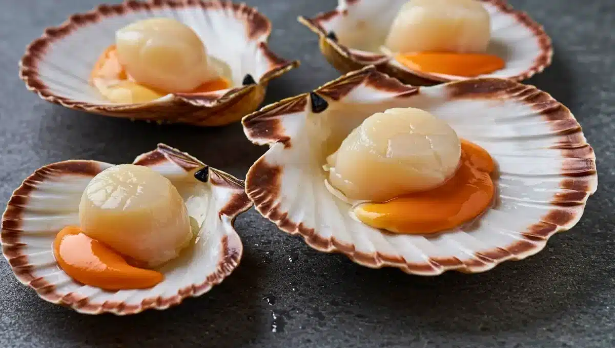 Noix de Saint-Jacques fraîches dans leurs coquilles avec corail
