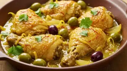Poulet mijoté aux olives et au citron confit, recette méditerranéenne