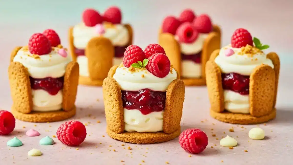 Mini tiramisus de Noël façon tasses de lutins avec framboises et biscuits