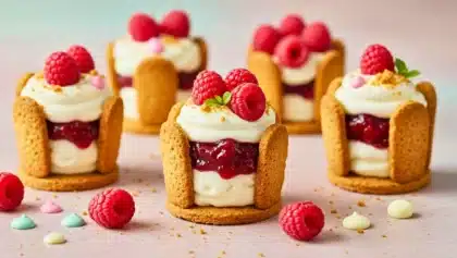 Mini tiramisus de Noël façon tasses de lutins avec framboises et biscuits