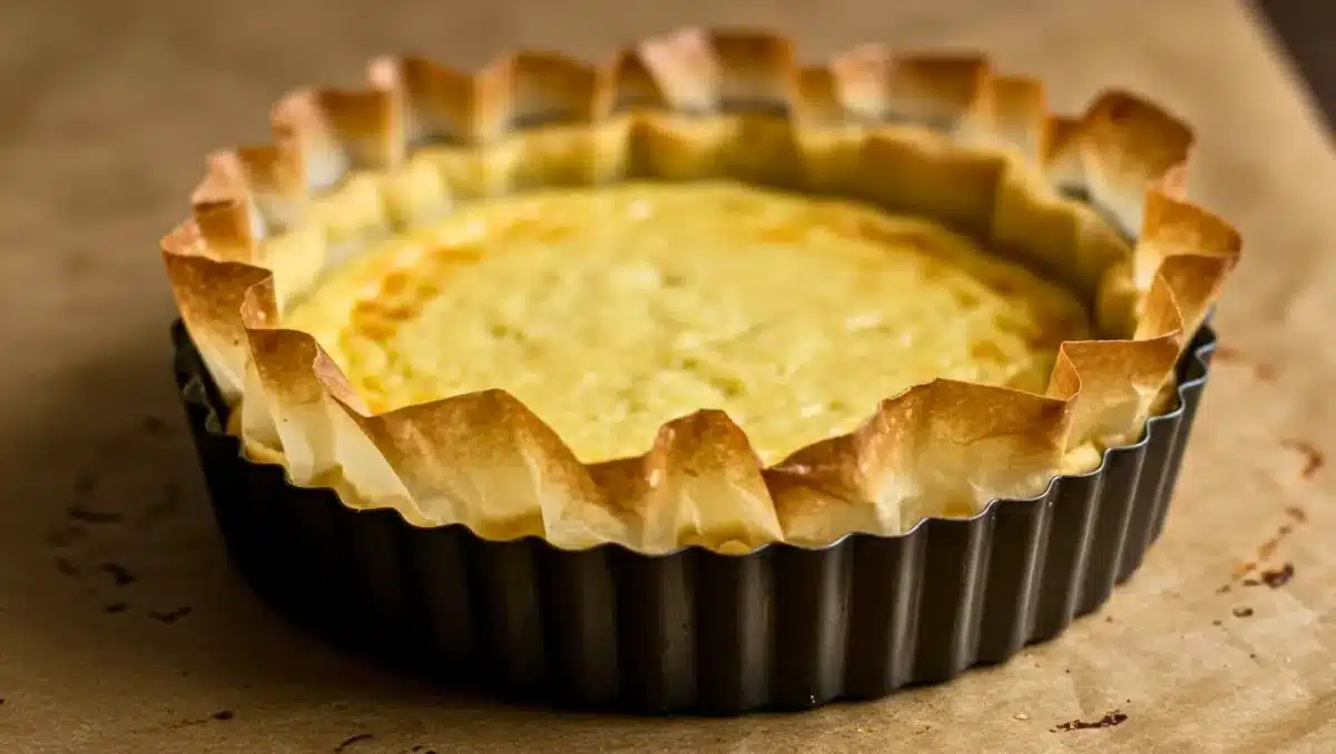 Tarte salée cuite dans un moule avec papier cuisson dépassant sur les bords