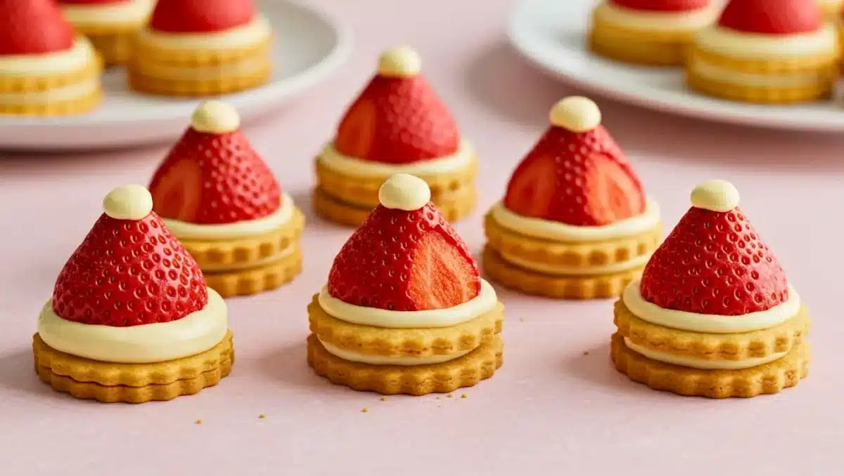 Biscuits de Noël en forme de chapeaux du Père Noël avec fraises et crème