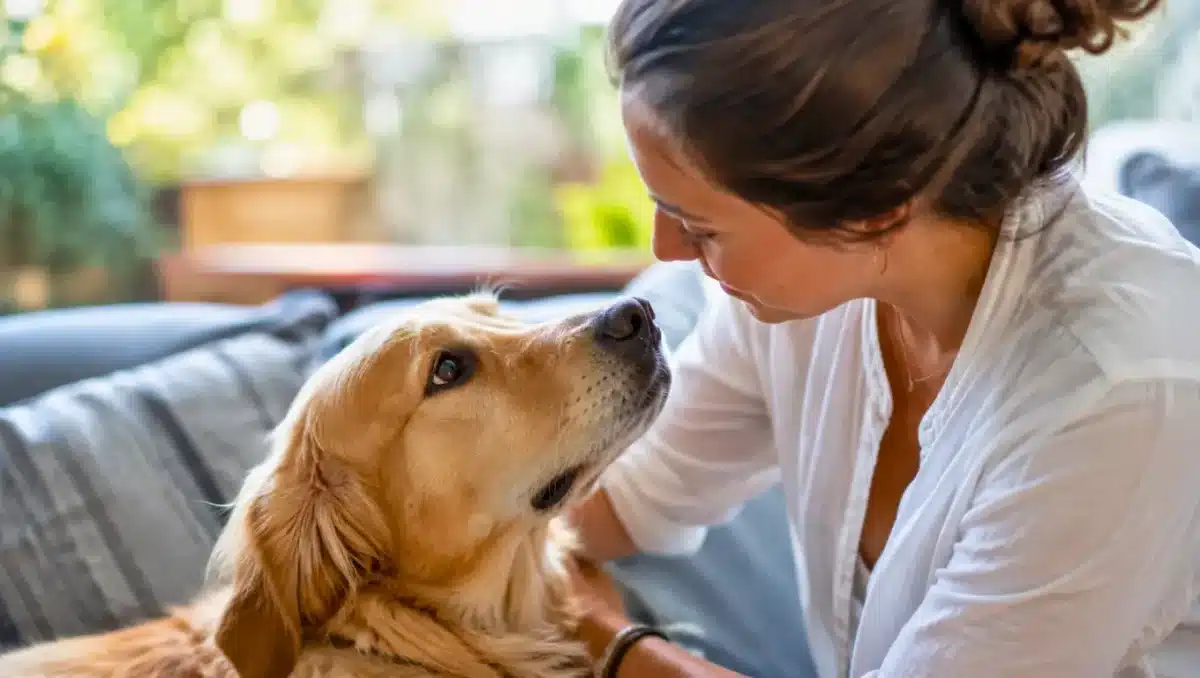 Donna che guarda con affetto il suo cane sul divano.