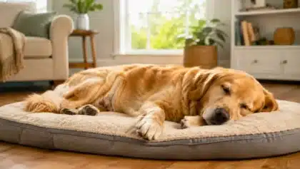 Cane che dorme tranquillo sul fianco nella sua cuccia in salotto.
