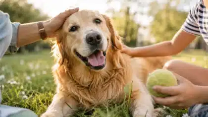 Golden retriever felice accarezzato sull’erba, con una pallina da gioco accanto.