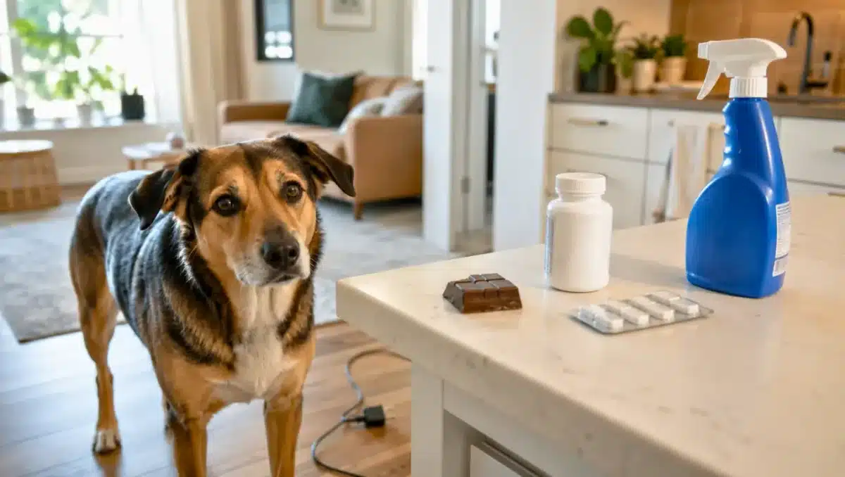 Cane in cucina vicino a cioccolato, farmaci e prodotti per la casa pericolosi.