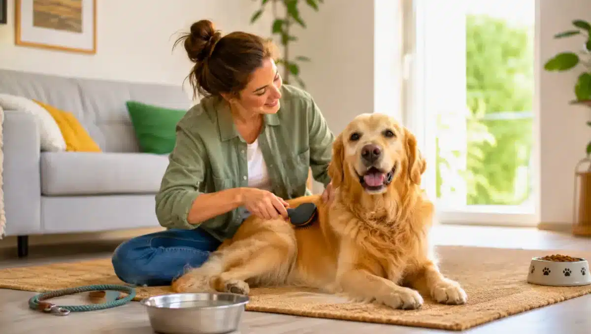 Donna che spazzola un cane sereno in casa durante la routine di cura quotidiana.