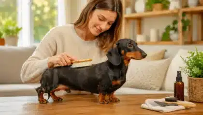 Donna che spazzola con delicatezza un bassotto in casa durante una sessione di toelettatura.