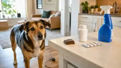 Cane in cucina vicino a cioccolato, farmaci e prodotti per la casa pericolosi.