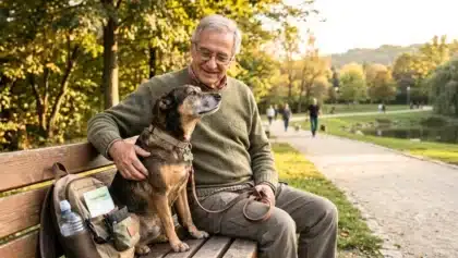 Uomo anziano felice seduto su una panchina al parco che accarezza il suo cane adulto, a dimostrazione della gioia di adottare un cane in pensione.