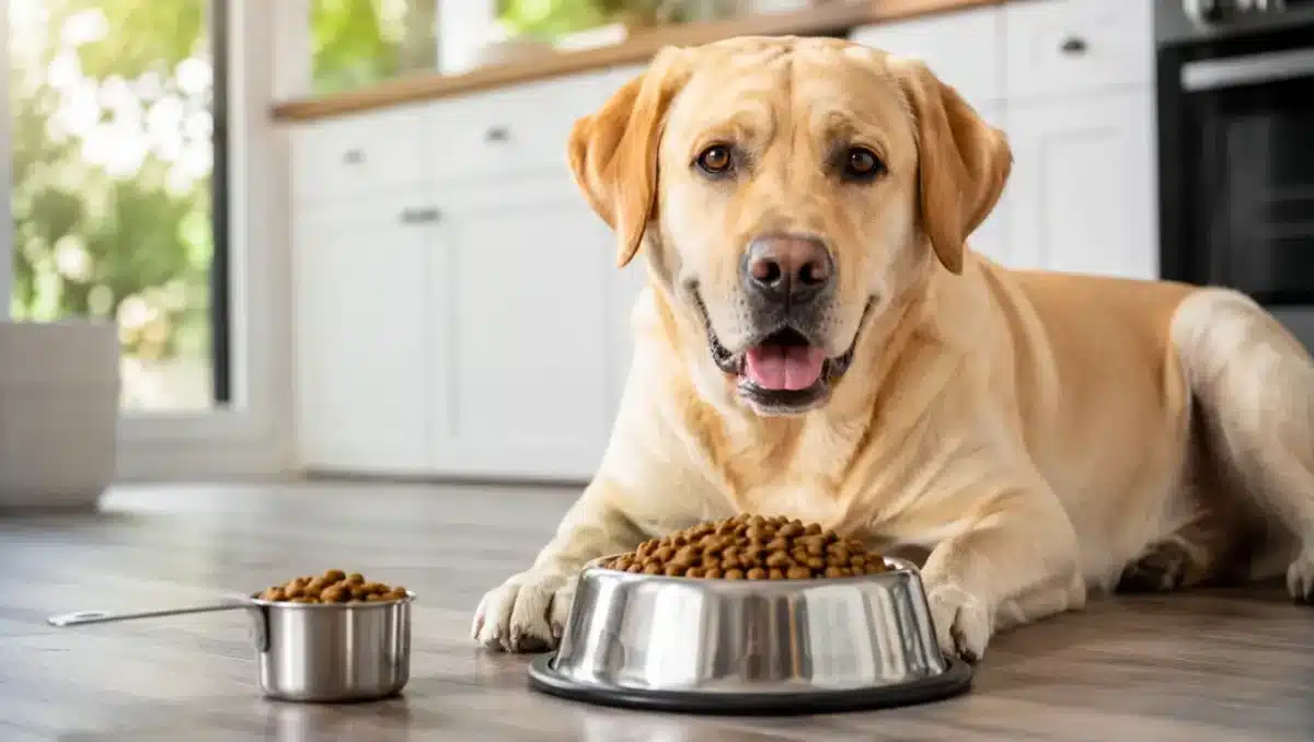 Labrador chiaro sdraiato in cucina davanti a una ciotola piena di crocchette.