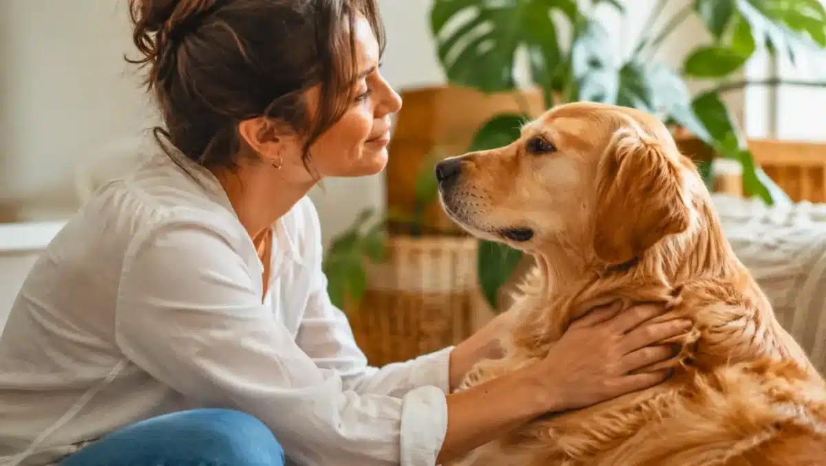 Donna seduta vicino a un cane, con uno sguardo dolce e una carezza calma sul petto.