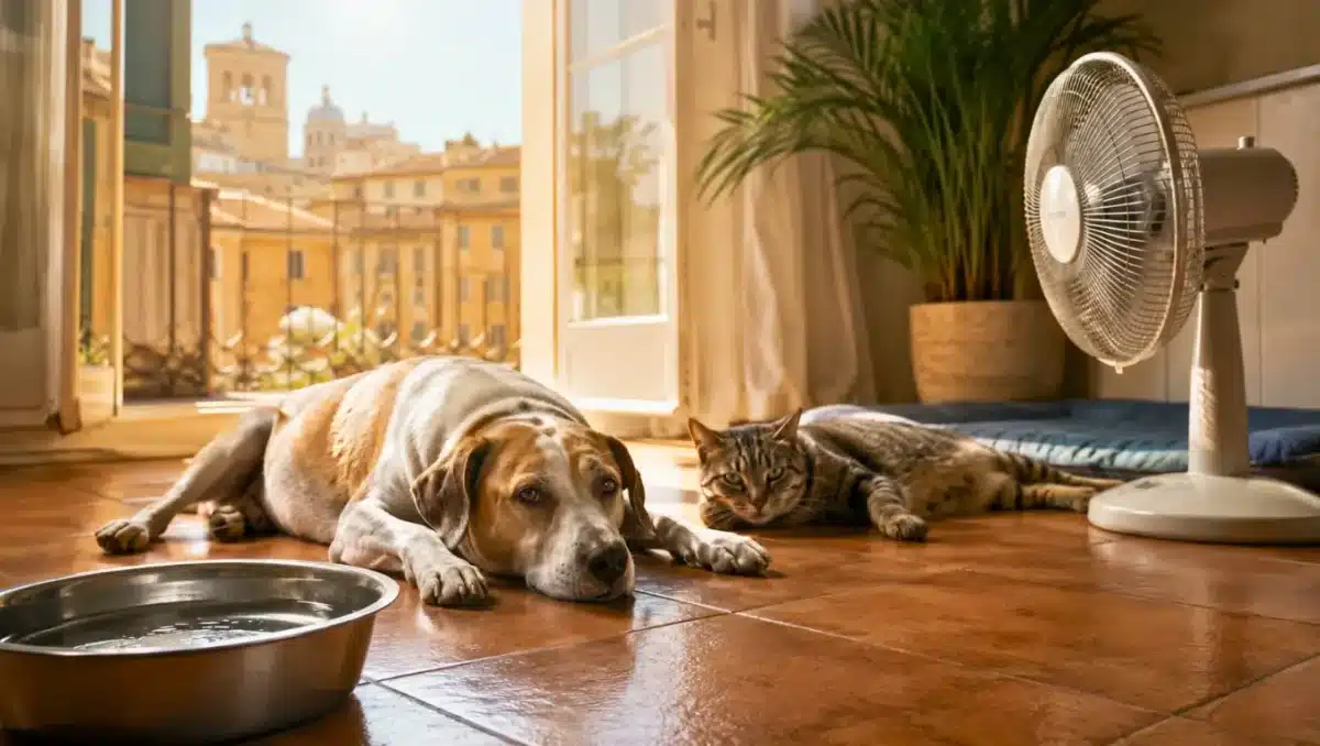 Cane e gatto distesi al fresco in casa durante il caldo estivo.