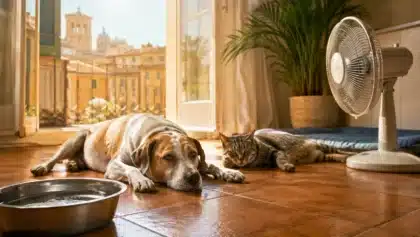 Cane e gatto distesi al fresco in casa durante il caldo estivo.